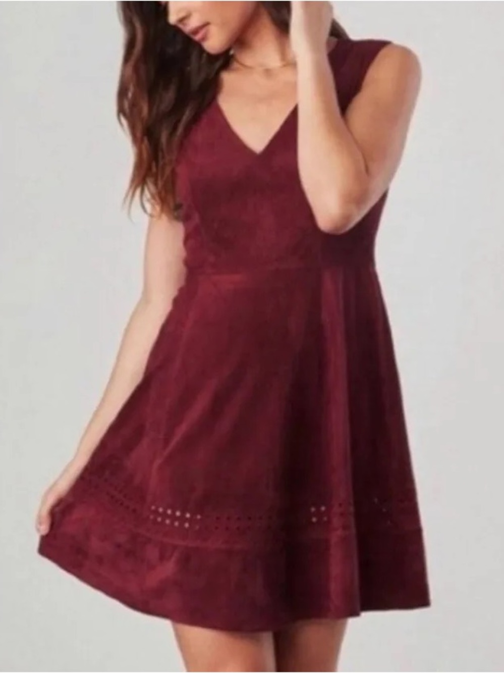 BB Dakota Lynn Wine faux suede Sleeveless V-Neck A-Line Dress with Eyelet Trim